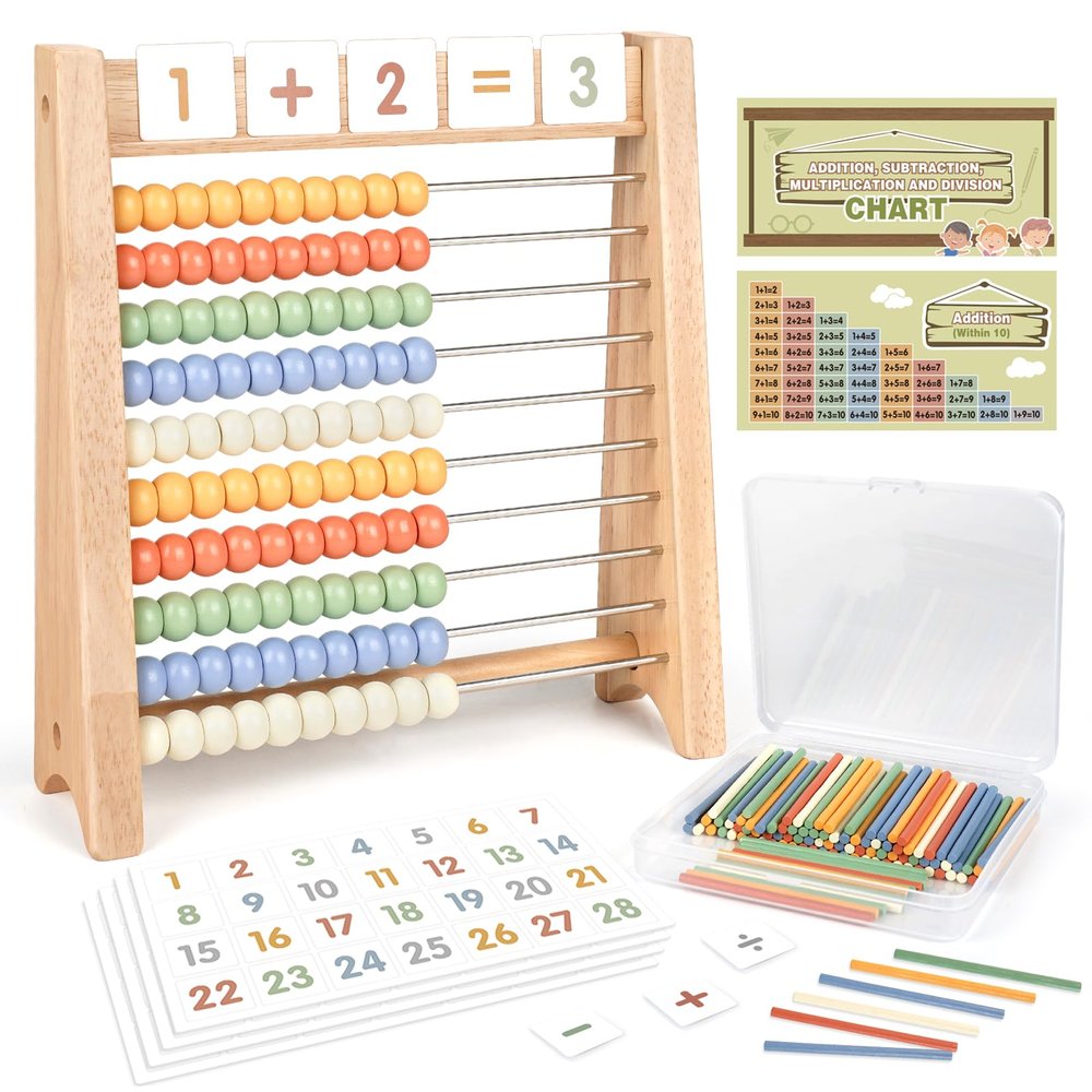 Abacus for Kids Math - Wooden Abacus with 100 Counting Sticks and 112 Math Cards, Counting Toys for Preschool Learning, Educational Math Toys for Developing Fine Motor Skills, Math Calculation