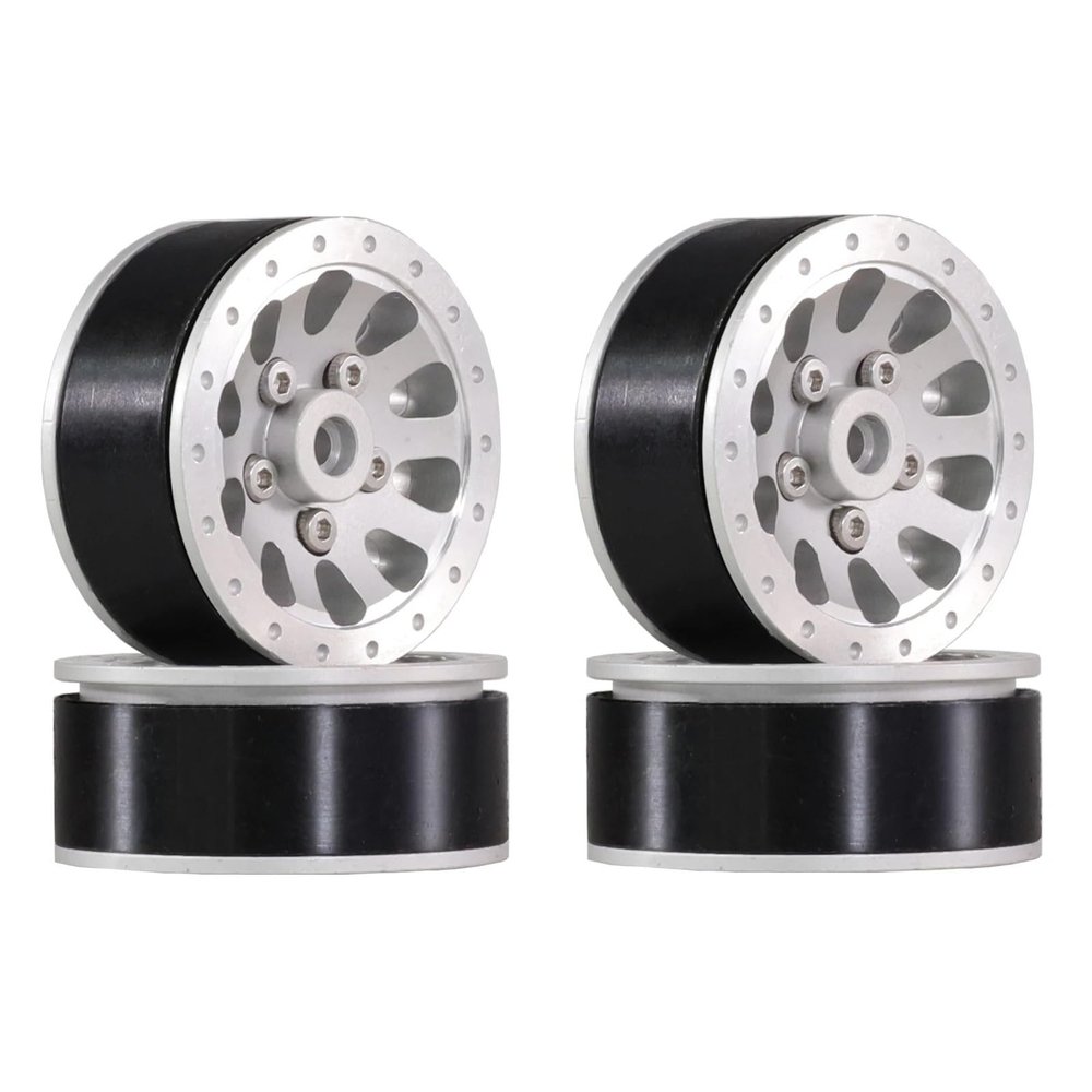 4Pcs Metal Beadlock Wheel Hub Wheel Rim and Rubber Tire for WPL C14 C24 B14 B24 B36 MN D90 MN99S RC Car Upgrade Parts(Silver Wheel Hub)