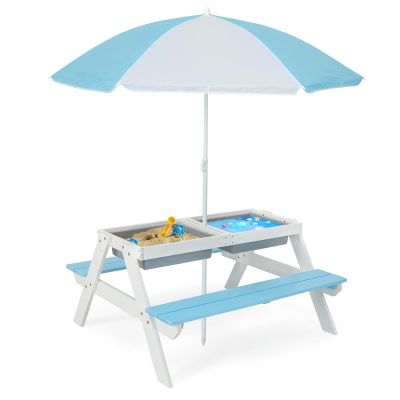 ARLIME Sand and Water Table - 3-in-1 Kids Picnic Table with Height Adjustable Umbrella, Removable Table Top & 2 Detachable Game Boxes, Water Play Table for Boys Girls, Outdoor Sensory Table, Blue