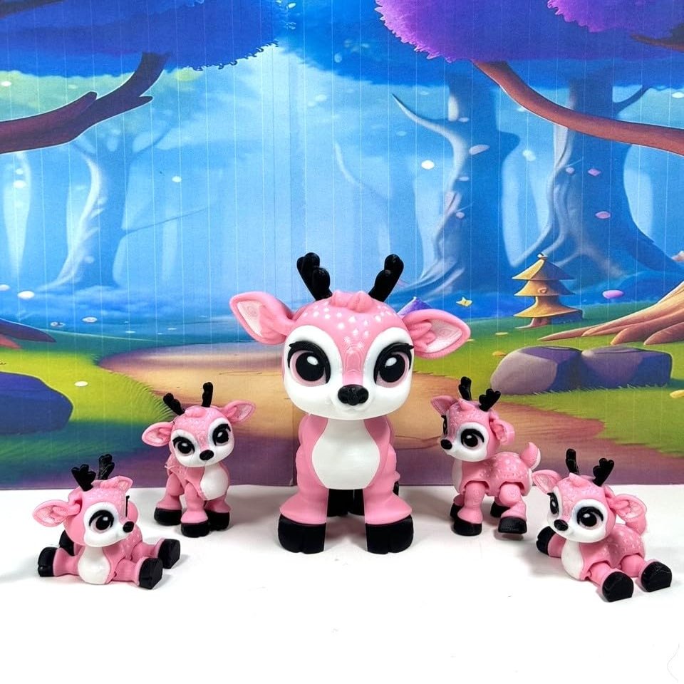 5pcs 3D Printed Christmas Reindeers, Articulated Tiny Animal Baby Reindeers, Fidget Christmas Reindeers, Executive Desk Home Decor Toy ABR001-PINK