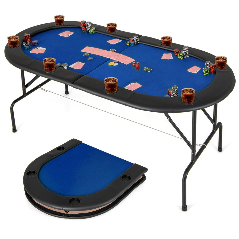 Giantex 8 Player Poker Table Foldable, Folding Card Board Game Table w/8 Cup Holders & Comfy Armrests, Casino Grade Felt, Portable Oval Texas Holdem Blackjack Poker Tables, No Assemble Required