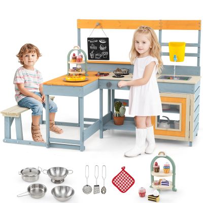 HONEY JOY Mud Kitchen & Kids Picnic Table, 2 in 1 Fir Wood Play Kitchen w/Built-in Bench, Blackboard, Water Box, Sink, Dessert & Cookware, Outdoor Kitchen Playset for Backyard