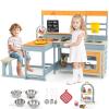 HONEY JOY Mud Kitchen & Kids Picnic Table, 2 in 1 Fir Wood Play Kitchen w/Built-in Bench, Blackboard, Water Box, Sink, Dessert & Cookware, Outdoor Kitchen Playset for Backyard view 1