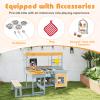 HONEY JOY Mud Kitchen & Kids Picnic Table, 2 in 1 Fir Wood Play Kitchen w/Built-in Bench, Blackboard, Water Box, Sink, Dessert & Cookware, Outdoor Kitchen Playset for Backyard view 2