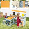 HONEY JOY Mud Kitchen & Kids Picnic Table, 2 in 1 Fir Wood Play Kitchen w/Built-in Bench, Blackboard, Water Box, Sink, Dessert & Cookware, Outdoor Kitchen Playset for Backyard view 3