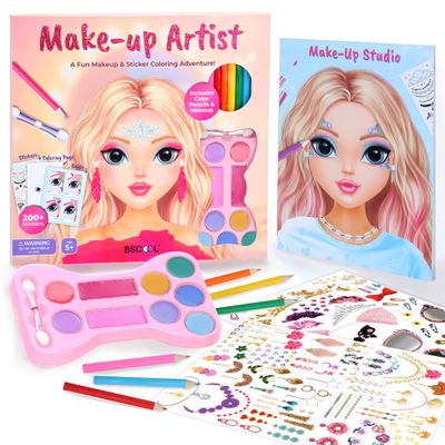 BSCOOL Make-up Artist. 3 in 1 Fun Makeup, Sticker, Coloring Kit, Includes Color Pencils, Makeup Palette, and 200+ Stickers. for Girls Ages 5,6,7,8. Make Up Style Coloring Book