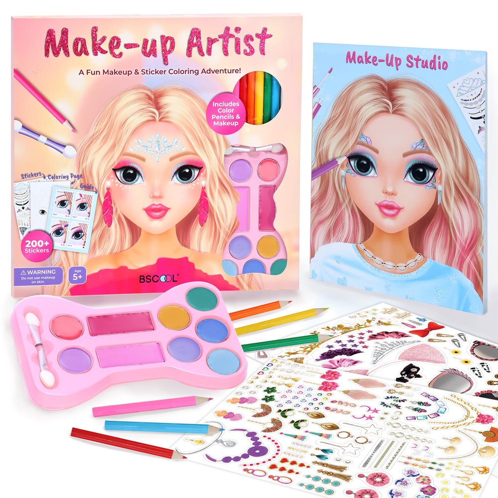 BSCOOL Make-up Artist. 3 in 1 Fun Makeup, Sticker, Coloring Kit, Includes Color Pencils, Makeup Palette, and 200+ Stickers. for Girls Ages 5,6,7,8. Make Up Style Coloring Book
