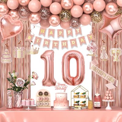 10th Birthday Decorations for Girls, Happy 10 Birthday Decorations for Her, Rose Gold Birthday Party Supplies with Banner, Number Balloons, Fringe Curtains, Hanging Swirls, Foil Balloons