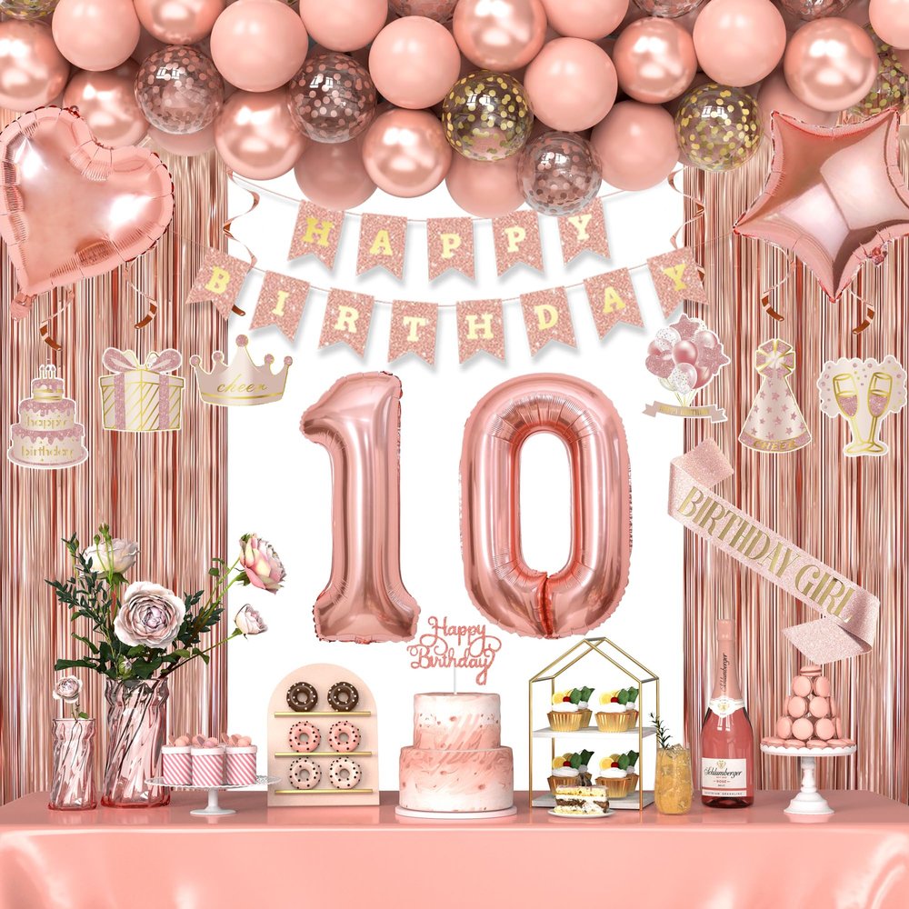 10th Birthday Decorations for Girls, Happy 10 Birthday Decorations for Her, Rose Gold Birthday Party Supplies with Banner, Number Balloons, Fringe Curtains, Hanging Swirls, Foil Balloons