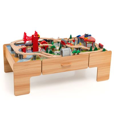 CHEFJOY Train Table, 100-Piece Wooden Kids Activity Table with Storage Drawer, Tracks, Trains, Cars, Train Track Set with Reversible Tabletop, Train Table Set for Toddlers 3-5, Gift for Boys Girls