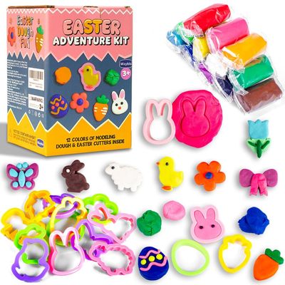 Waybla Easter Basket Stuffers Essentials, 12 Colors Modeling Dough & 12 Easter-Shaped Cutters in 6-Inch Egg, Easter Non-Candy Treat Bag Fillers, Giveaways & Easter Gift for Kids