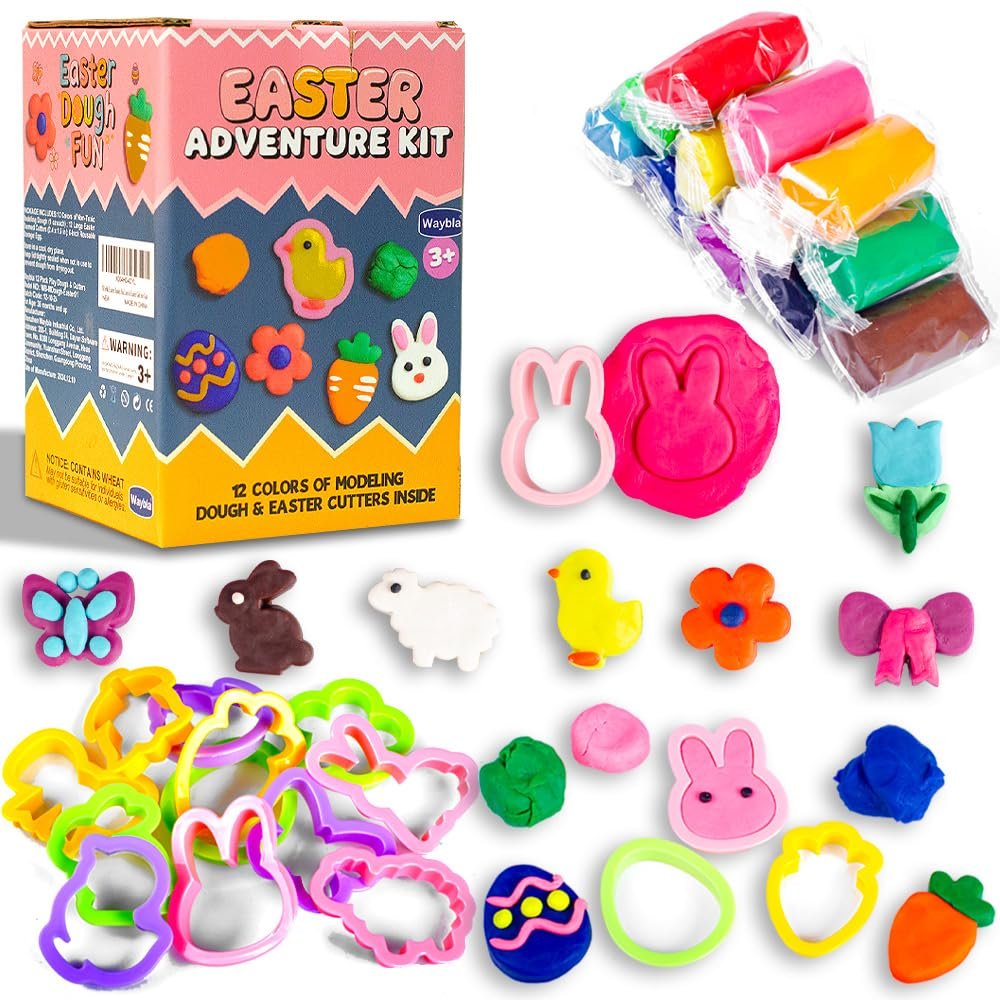 Waybla Easter Basket Stuffers Essentials, 12 Colors Modeling Dough & 12 Easter-Shaped Cutters in 6-Inch Egg, Easter Non-Candy Treat Bag Fillers, Giveaways & Easter Gift for Kids