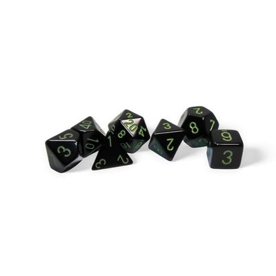 Black Opaque Dice with Green Numbers 16mm (5/8in) Set of 7 Dice Chessex