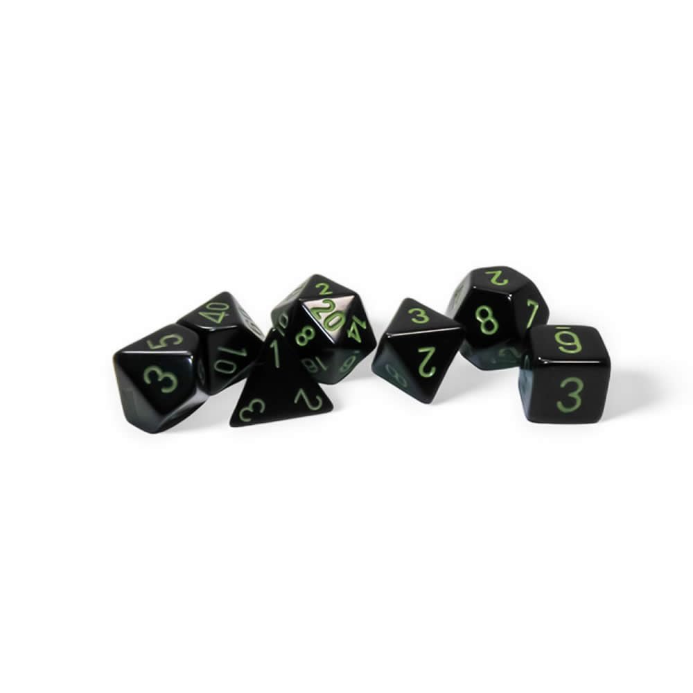 Black Opaque Dice with Green Numbers 16mm (5/8in) Set of 7 Dice Chessex