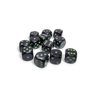 Black Opaque D6 Dice with Green Pips 16mm (5/8in) Pack of 12 Dice Chessex