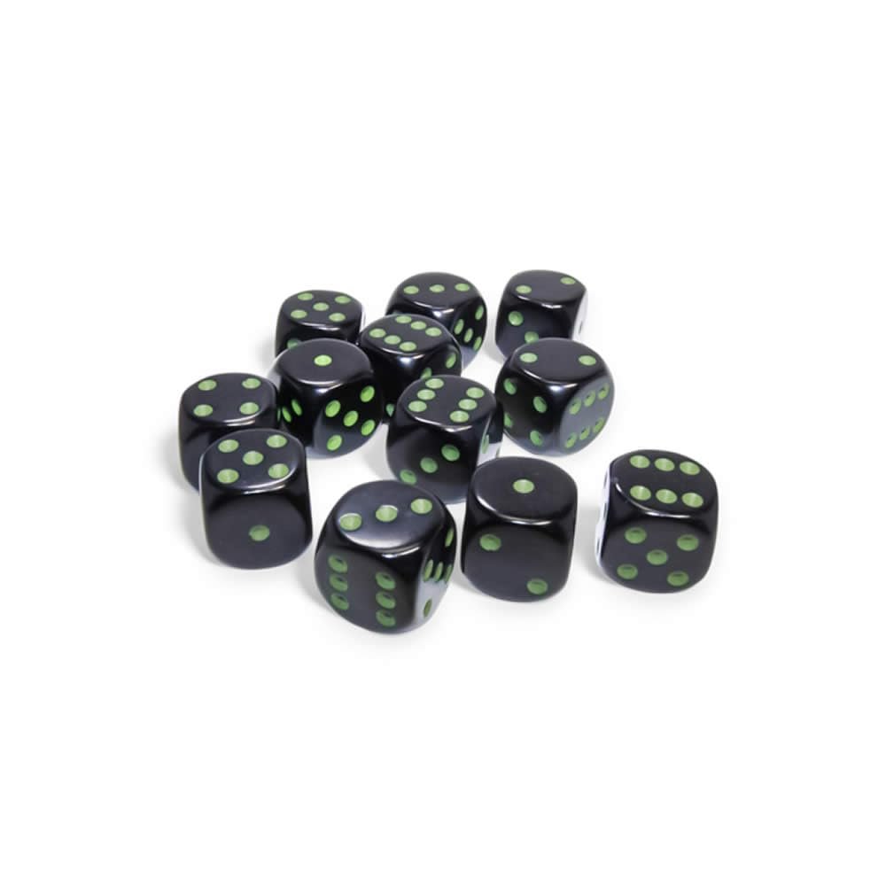 Black Opaque D6 Dice with Green Pips 16mm (5/8in) Pack of 12 Dice Chessex