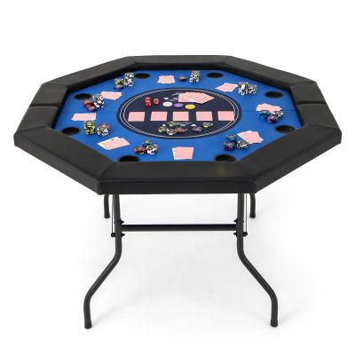 GOFLAME 48 Foldable Poker 8 Players, Blackjack Texas Holdem with Padded Rails, Cup Holders, Folding Legs, Octagon Poker Card Board Game Table for Family Game Casino, Blue+Black