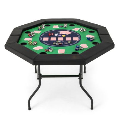 GOFLAME 48 Foldable Poker Table for 8 Players, Blackjack Texas Holdem Table with Padded Rails, Cup Holders, Folding Legs, Octagon Poker Card Board Game Table for Family Game Casino, Green