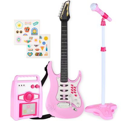 Best Choice Products Toy Kids Guitar Play Set Bundle, Pretend Play Toddler Electric Guitar Kit with Interactive Microphone, Amp, Whammy Bar, 6 Demo Songs and 2 Sticker Sheets - Soft Pink