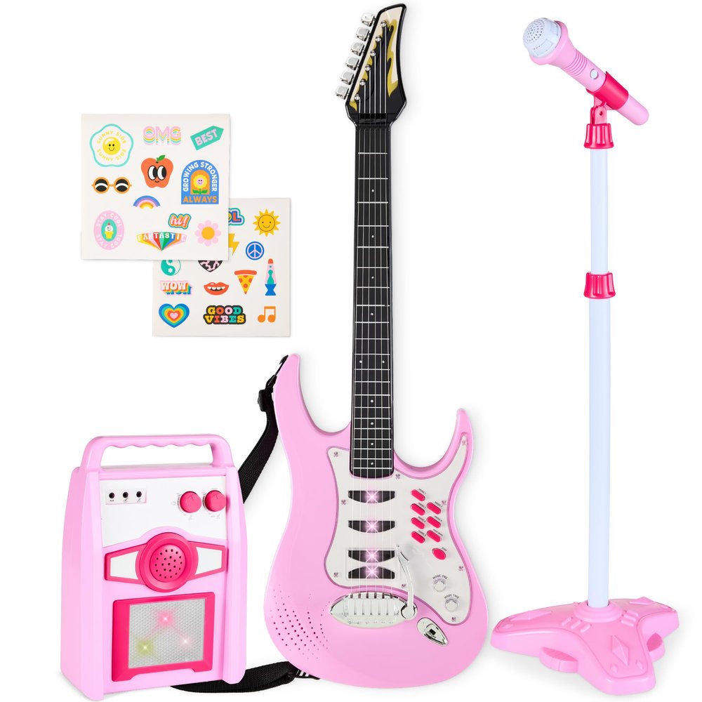 Best Choice Products Toy Kids Guitar Play Set Bundle, Pretend Play Toddler Electric Guitar Kit with Interactive Microphone, Amp, Whammy Bar, 6 Demo Songs and 2 Sticker Sheets - Soft Pink