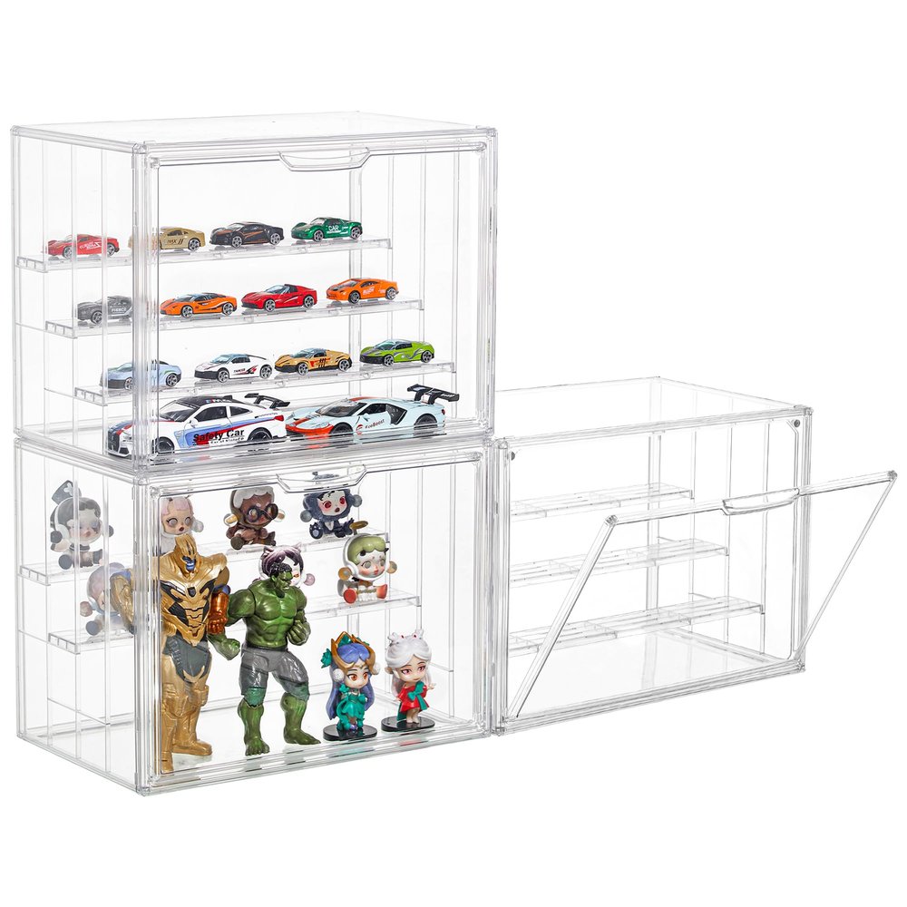 3 Pack Display Case for Collectibles 4 Layer Updated Adjustable Acrylic Display Case with Magnetic Door Clear Stackable Display Box Hobby Display Cases for Figures, Countertop
