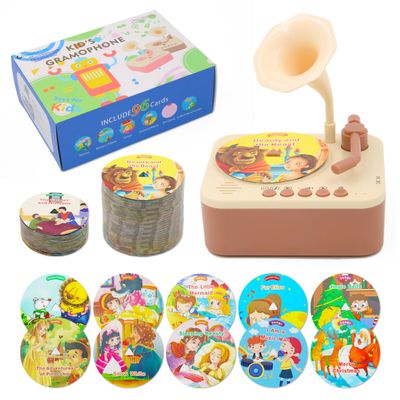 Ghousetec Kids Gramophone with 96 Learning Cards, Kids Record Player, Storytelling Machine and Toddler Music Player for Early Education, Phonograph Toy for Kids Ages 3+