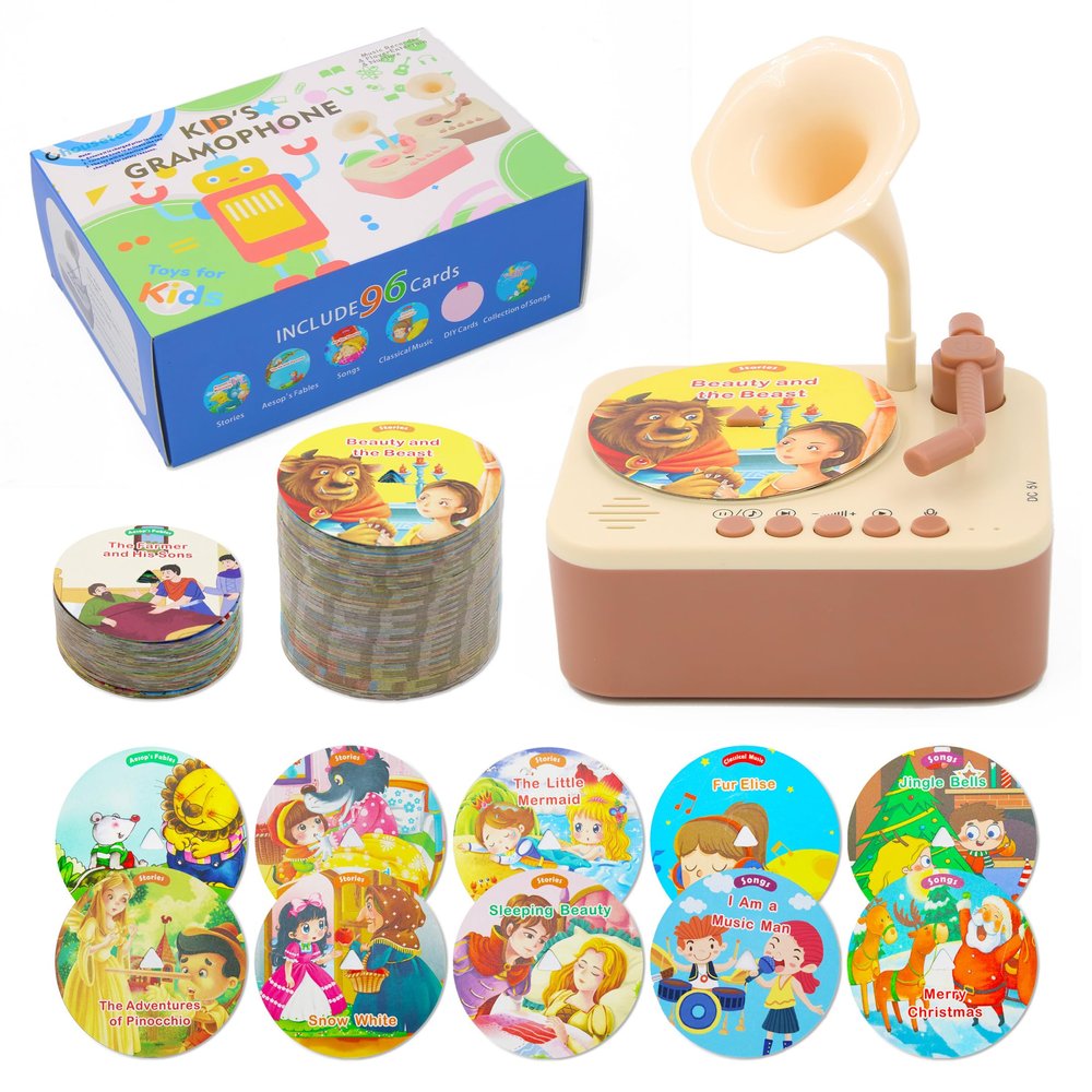 Ghousetec Kids Gramophone with 96 Learning Cards, Kids Record Player, Storytelling Machine and Toddler Music Player for Early Education, Phonograph Toy for Kids Ages 3+