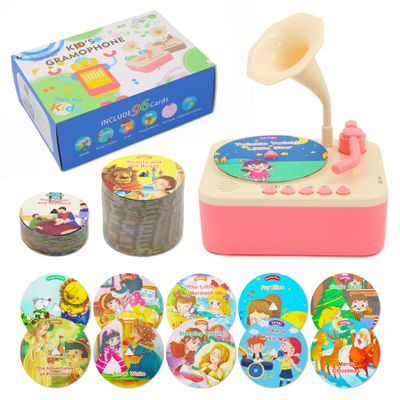 Ghousetec Kids Gramophone with 96 Learning Cards, Record Player for Toddlers, Storytelling Machine and Kids Music Player for Early Education, Phonograph Toy for Kids Ages 3+