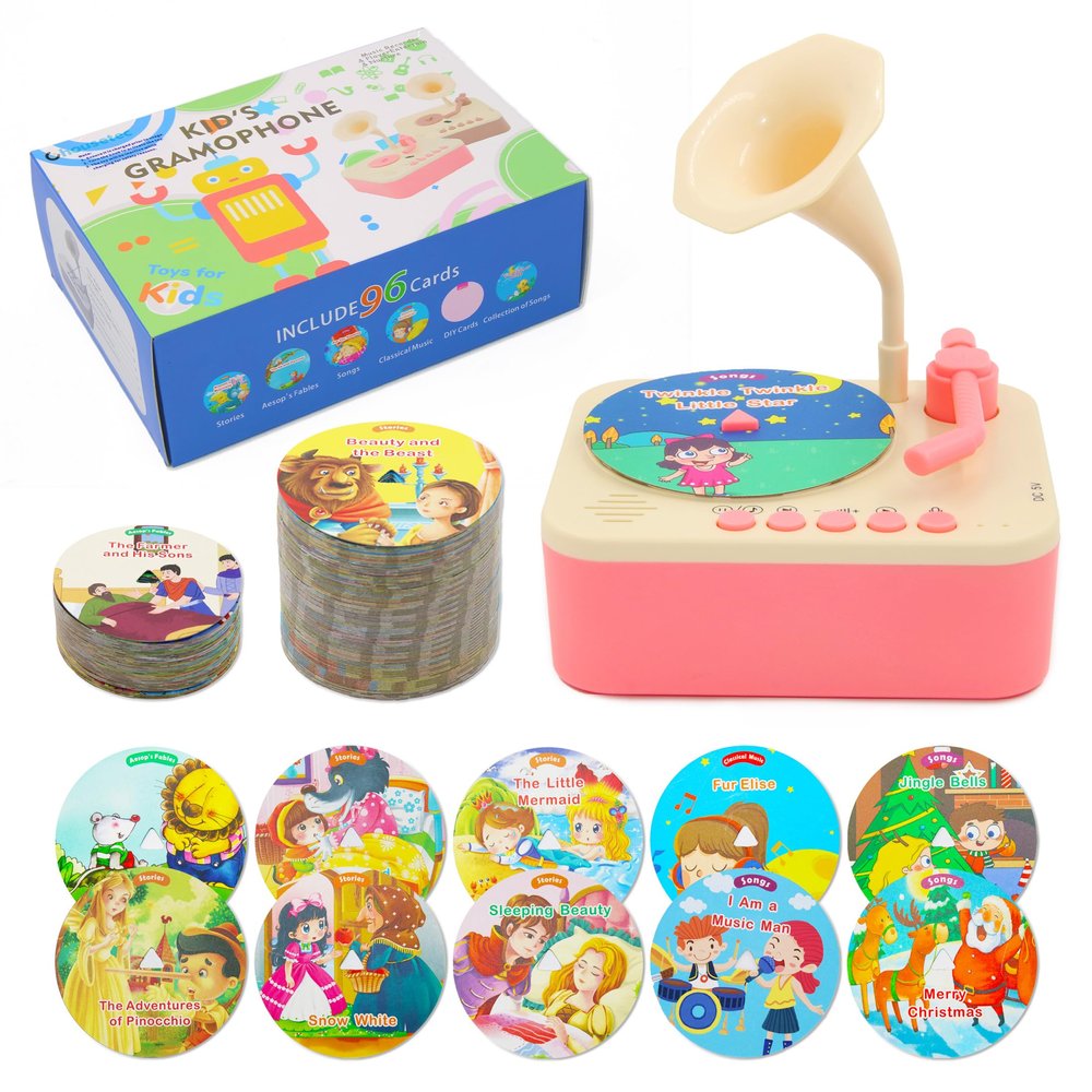 Ghousetec Kids Gramophone with 96 Learning Cards, Record Player for Toddlers, Storytelling Machine and Kids Music Player for Early Education, Phonograph Toy for Kids Ages 3+