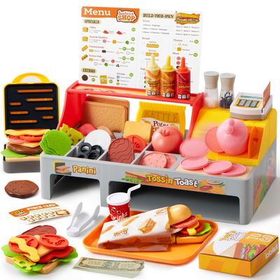 Lalalark Toss 'n Toast Sandwich Restaurant Playset for Kids, 40+ Pieces Pretend Food with Interactive Magic Slicer & Panini Press, Role Play Toys for Kids Boys Girls 3+ Years Old Easter Birthday Gifts