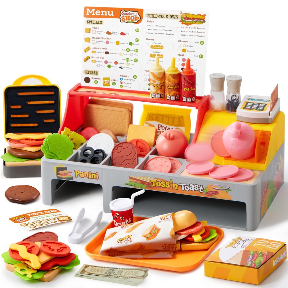 Lalalark Toss 'n Toast Sandwich Restaurant Playset for Kids, 40+ Pieces Pretend Food with Interactive Magic Slicer & Panini Press, Role Play Toys for Kids Boys Girls 3+ Years Old Easter Birthday Gifts