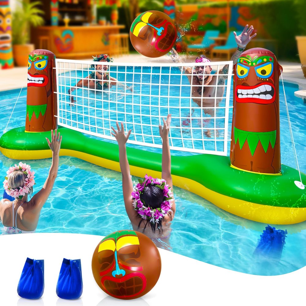 TURNMEON Inflatable Luau Tiki Pool Volleyball Net Game, Large 105"x28"x35" Floating Water Toy Set with Beach Ball for Adults Indoor Outdoor Tropical Hawaiian Summer Party Supplies