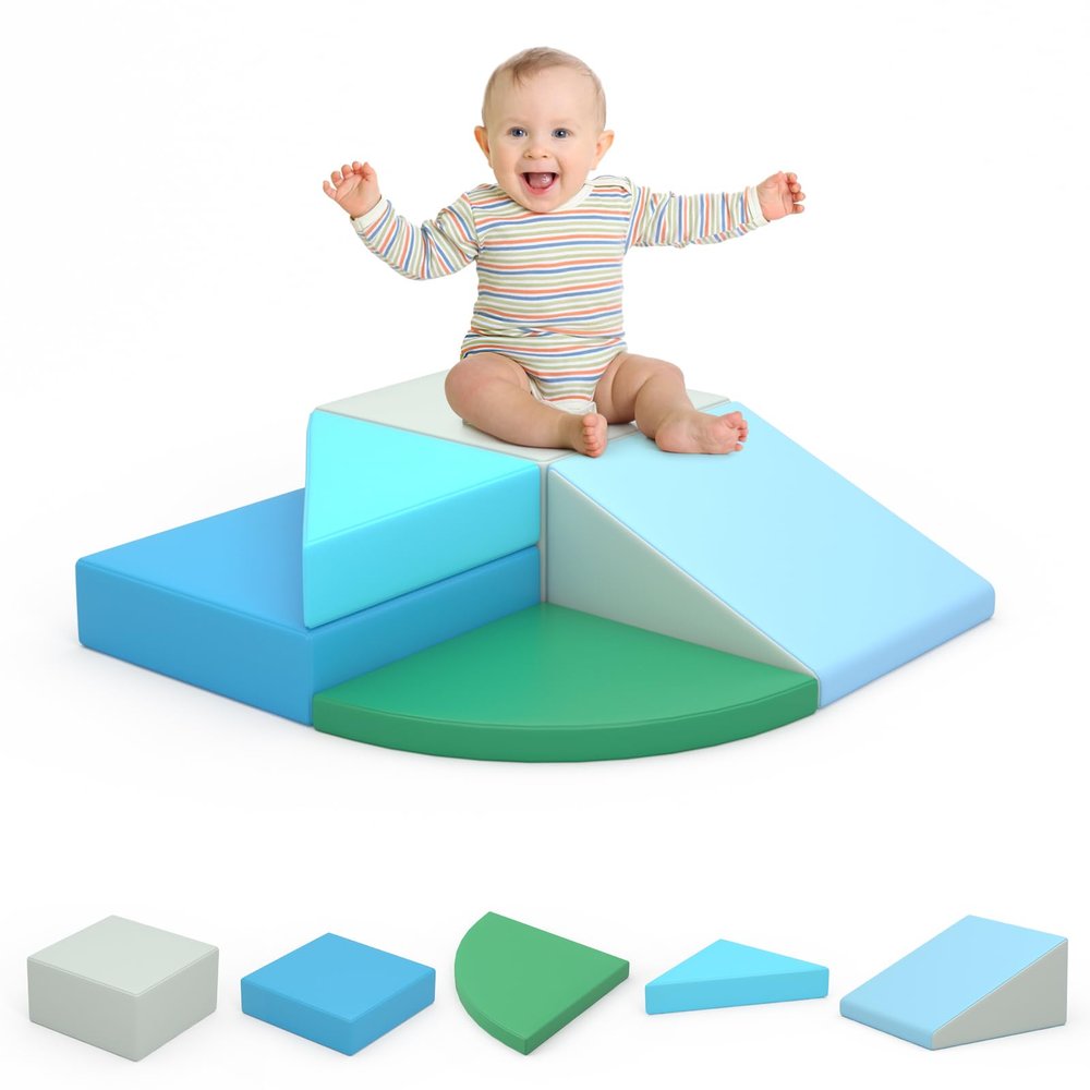 DUSACOM Climbing Blocks for Toddlers 1-3 Inside, 4-Pieces Soft Play Climbing for Toddlers for Child Development, Safe Climb and Crawl Activity Play Set, Waterproof and Easy to Clean (Blue-Green 5PC)