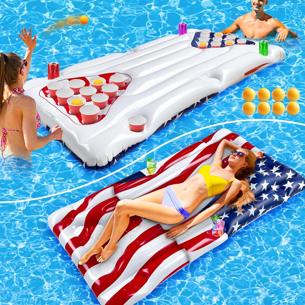 2 in 1 Patriotic Pool Float & Pong Toss Games Table with 8 Balls (No Cup)