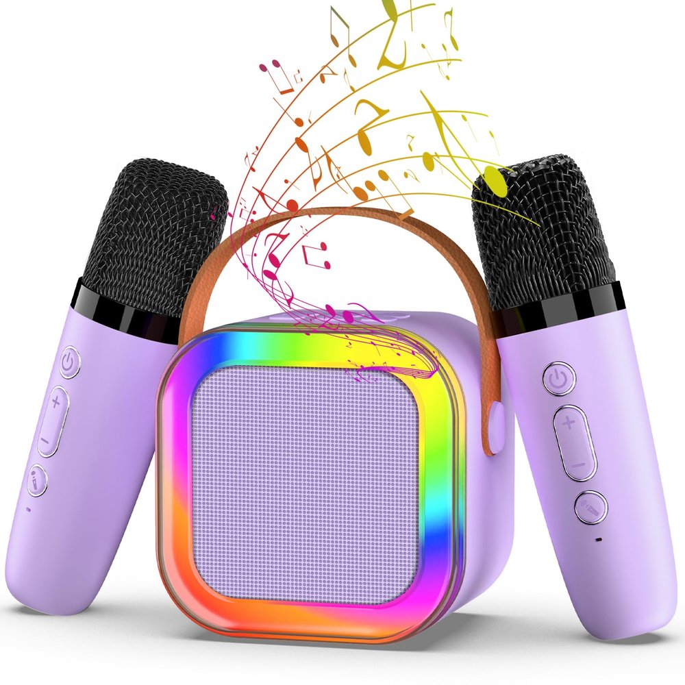 Mini Karaoke Machine with 2 Mics, Wireless Microphones for Kids Adults Toddler with LED Party Lights, Kids Microphone Christmas Birthday Gift for Girls Toys 4, 5, 6, 7, 8, 10 12+ Years Old Purple