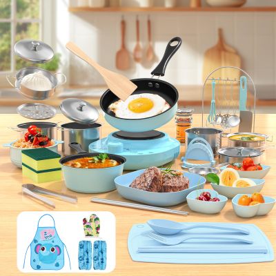 Gotoofun Kids Cooking Sets Real, Kid Safe Montessori Mini Tools Includes Stove Burner, Knife ect for Aged 8-12 Boys Girls Food Making, Easy for Beginners, Education Toys-Blue
