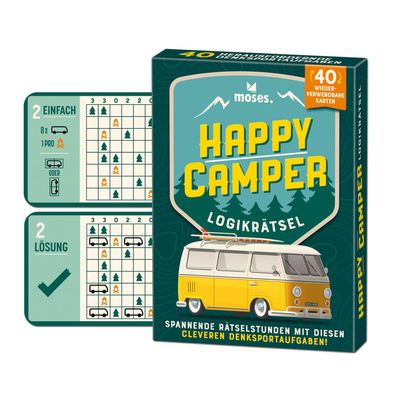moses. Happy Camper, Logic Puzzle with Addiction Factor for Travel, 40 Reusable Cards with Wiping Pen, Thinking Sports Tasks in 3 Difficulty Levels for Teenagers and Adults