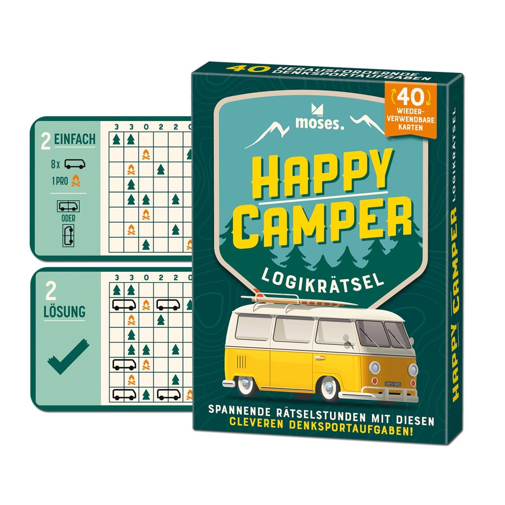 moses. Happy Camper, Logic Puzzle with Addiction Factor for Travel, 40 Reusable Cards with Wiping Pen, Thinking Sports Tasks in 3 Difficulty Levels for Teenagers and Adults