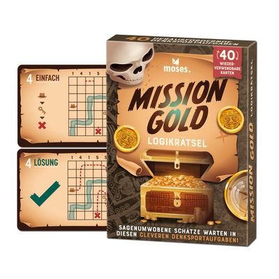 moses. Mission Gold, Logic Puzzle with Addiction Factor for Travel, 40 Reusable Cards with Wiping Pen, Brain Sports Tasks in 3 Difficulty Levels for Teenagers and Adults