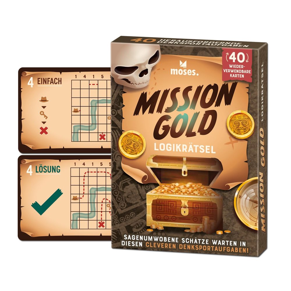 moses. Mission Gold, Logic Puzzle with Addiction Factor for Travel, 40 Reusable Cards with Wiping Pen, Brain Sports Tasks in 3 Difficulty Levels for Teenagers and Adults