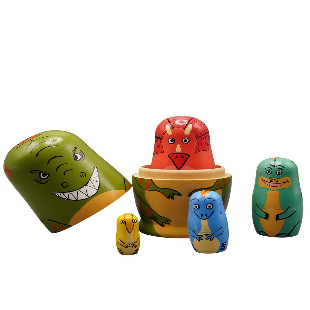 UNIORNA Handcarved Handrawn Cartoon Animal-Shaped Russian Nesting Dolls Matryoshka Dolls Adorable Cute Novel Gift Present for Adult Lover Family Friends Set of 5 (Dinosaur)