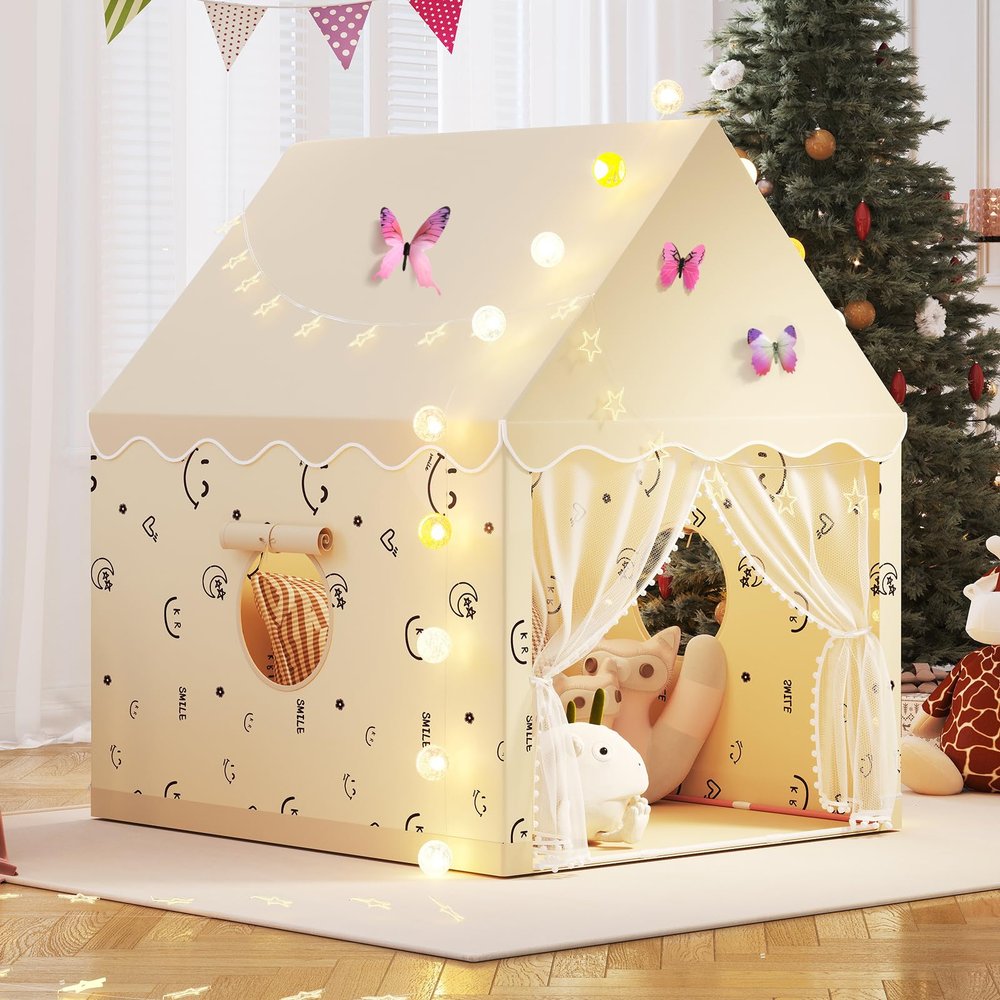 Kids Play Tent, Princess Tent Indoor Playhouse Set with Star Lights, Ball Lights, Colorful Flags, Butterflies - Large Tents for Kids Toddle Castle for Girls Toy House Gift