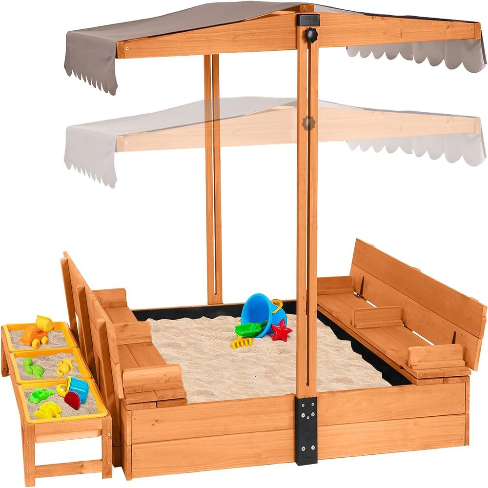 AIVITUVIN Sandbox with Lid, Sand Boxes for Kids Outdoor, 47.2 Inch Sand, UV Resistant & Adjustable Height Roof, Gift for Kids Ages 4-8 (Sandbox + 3 Toy Bins)