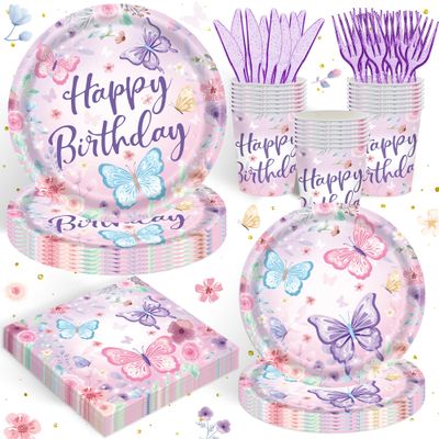 120PCS Butterfly Birthday Party Supplies Butterfly Themed Party Decorations for Girls Tableware Plates Napkins Party Supplies Serves 20 Guests