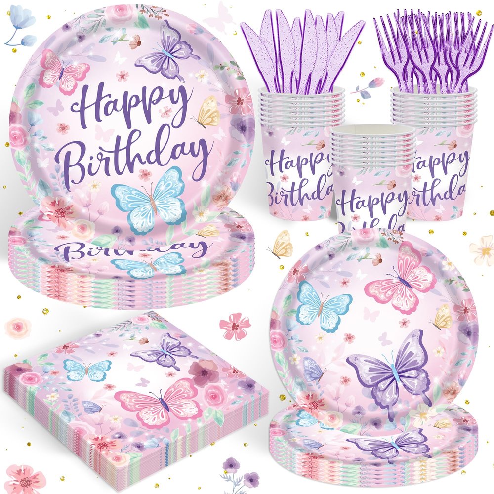 120PCS Butterfly Birthday Party Supplies Butterfly Themed Party Decorations for Girls Tableware Plates Napkins Party Supplies Serves 20 Guests