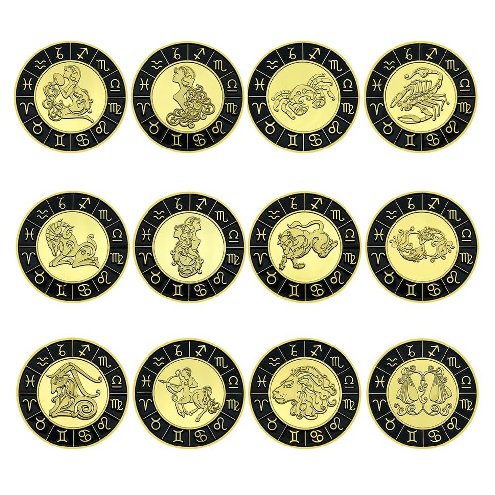 12pcs/Set Twelve Constellation Commemorative Coins Lucky Challenge Commemorative Badge with Plastic Case Metal Relief Crafts