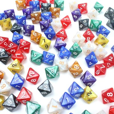 100PCS 8 Sided Dice, D8 Polyhedral Triangle Dice Set for Board Games Classroom Activities Party Table Gaming Fun DND Dungeons and Dragons RPG MTG Role Playing Number, Mixed Colors Assortment