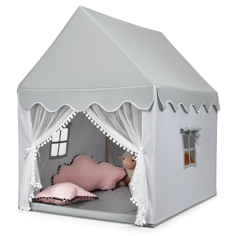 GLACER Kids Tent, Indoor Outdoor Play Tent w/Washable Padded Mat, Solid Wood Frame, Windows, Large Castle Princess Tent, Toddler Playhouse Tent for Boys Girls Gift, Tent for Kids (Gray)