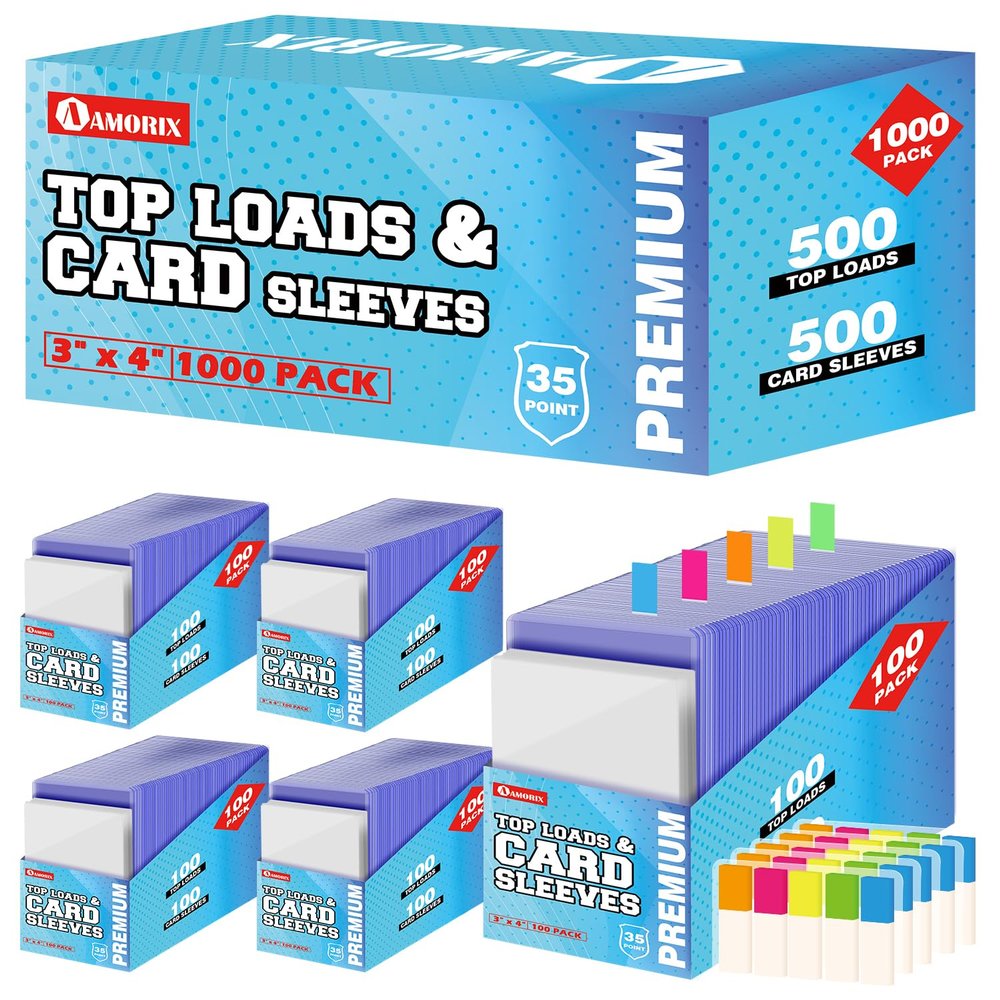 1000 Trading Cards Sleeves Top Loads, 3"X4" Baseball Card Protectors Hard Plastic, Toploads Binder Penny Sleeves for Sports Football Game (500 Hard Loads + 500 Soft Sleeves)
