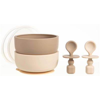 Sperric Silicone Baby Feeding Set - Infant Suction Bowls with Lids and Spoons | BPA Free Toddler Self Feeding Utensils for 0-6 Months, Tan